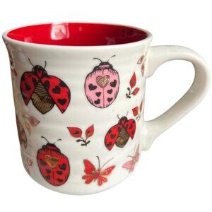 SHEFFIELD HOME Ladybug & Hearts Speckled MUG Sturdy Red Pink Gold 4.5" tall